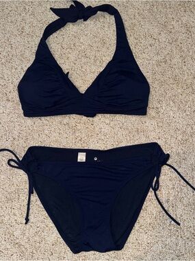Athleta Bikini Set Small Navy Blue Halter Top Tie Side Bottom Swim